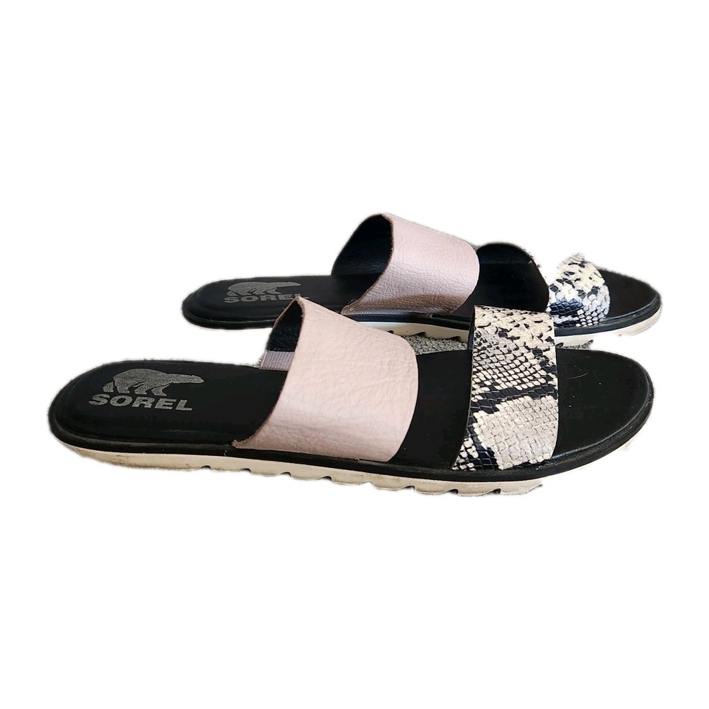Sorel Ella II Slide Mauve Vapor Sandal Flats Snake Print Leather Women's 9.5 - Picture 2 of 7